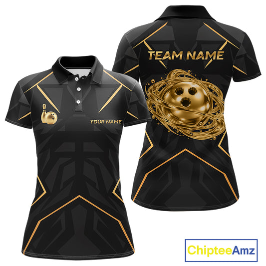 Black Gold Swirling Gold Rings Bowling Ball Custom Bowling Jersey for Women Bowling Team Shirts HNT696