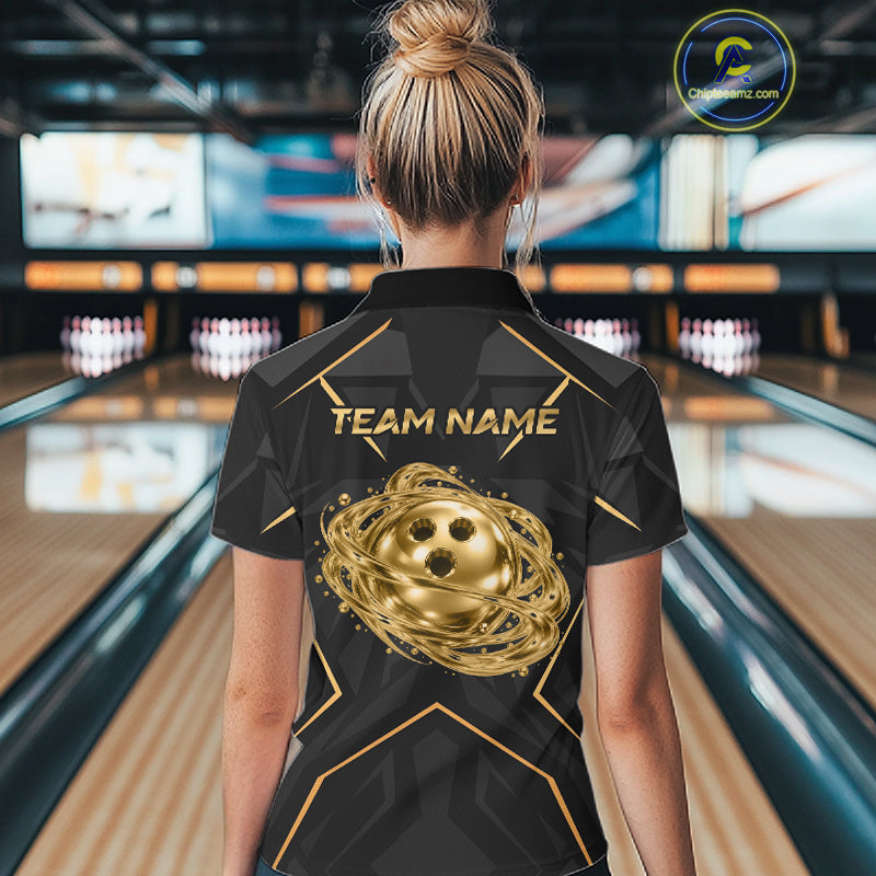 Black Gold Swirling Gold Rings Bowling Ball Custom Bowling Jersey for Women Bowling Team Shirts HNT696