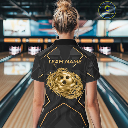 Black Gold Swirling Gold Rings Bowling Ball Custom Bowling Jersey for Women Bowling Team Shirts HNT696