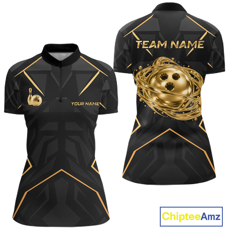 Black Gold Swirling Gold Rings Bowling Ball Custom Bowling Jersey for Women Bowling Team Shirts HNT696