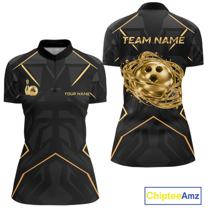 Black Gold Swirling Gold Rings Bowling Ball Custom Bowling Jersey for Women Bowling Team Shirts HNT696