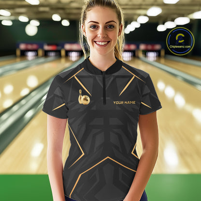 Black Gold Swirling Gold Rings Bowling Ball Custom Bowling Jersey for Women Bowling Team Shirts HNT696