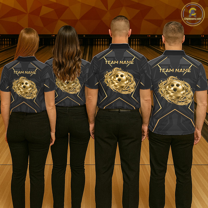 Black Gold Swirling Gold Rings Bowling Ball Custom Bowling Jersey for Women Bowling Team Shirts HNT696