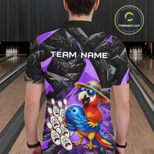 Load image into Gallery viewer, Person wearing a colorful bowling shirt with a parrot design in a bowling alley.