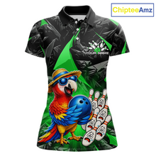Load image into Gallery viewer, Polo shirt with a colorful parrot design and bowling elements, branded 'ChipteeAmz'.