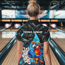 Load image into Gallery viewer, Person wearing a bowling shirt with a parrot design and 'Team Name' text in a bowling alley.