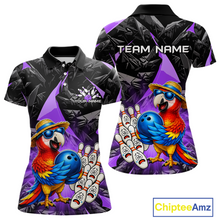Load image into Gallery viewer, Colorful polo shirt with parrot design and customizable text on a white background