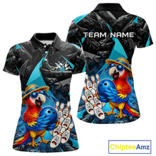 Load image into Gallery viewer, Colorful polo shirt with parrot design and customizable text on a white background