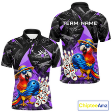 Load image into Gallery viewer, Colorful polo shirt with parrot design and customizable text on a white background