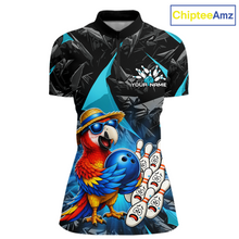 Load image into Gallery viewer, Colorful parrot design on a black and blue shirt with 'ChipteeAmz' branding.