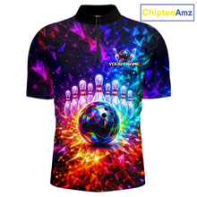 Load image into Gallery viewer, Colorful bowling-themed shirt with a rainbow bowling ball and pins design on a white background, featuring the brand 'ChipteeAmz'.