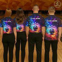 Load image into Gallery viewer, Four people wearing colorful bowling shirts with 'TEAM NAME' text on a bowling alley.