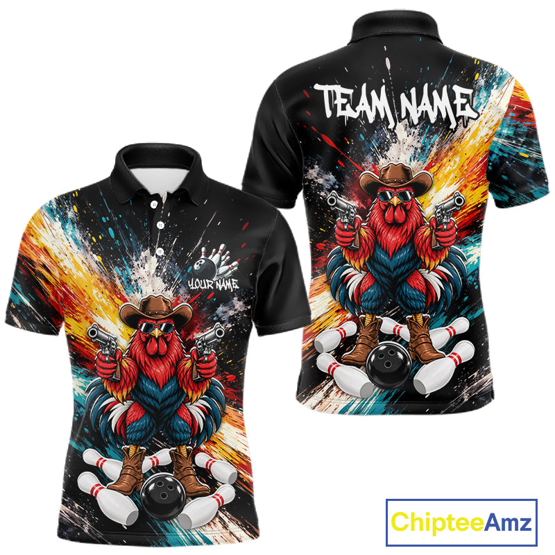 Custom Colorful Funny Cowboy Rooster Gun Bowling Team Shirts for Men Bowling League Shirts HNT630