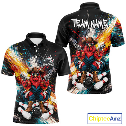 Custom Colorful Funny Cowboy Rooster Gun Bowling Team Shirts for Men Bowling League Shirts HNT630