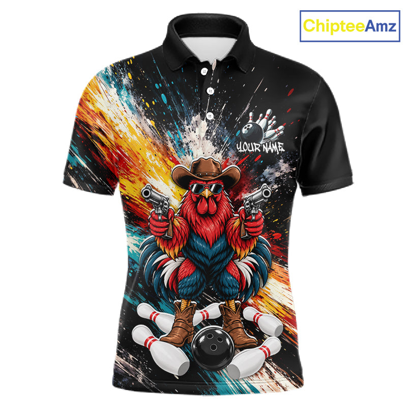 Custom Colorful Funny Cowboy Rooster Gun Bowling Team Shirts for Men Bowling League Shirts HNT630
