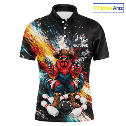 Custom Colorful Funny Cowboy Rooster Gun Bowling Team Shirts for Men Bowling League Shirts HNT630