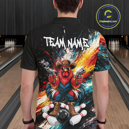 Custom Colorful Funny Cowboy Rooster Gun Bowling Team Shirts for Men Bowling League Shirts HNT630