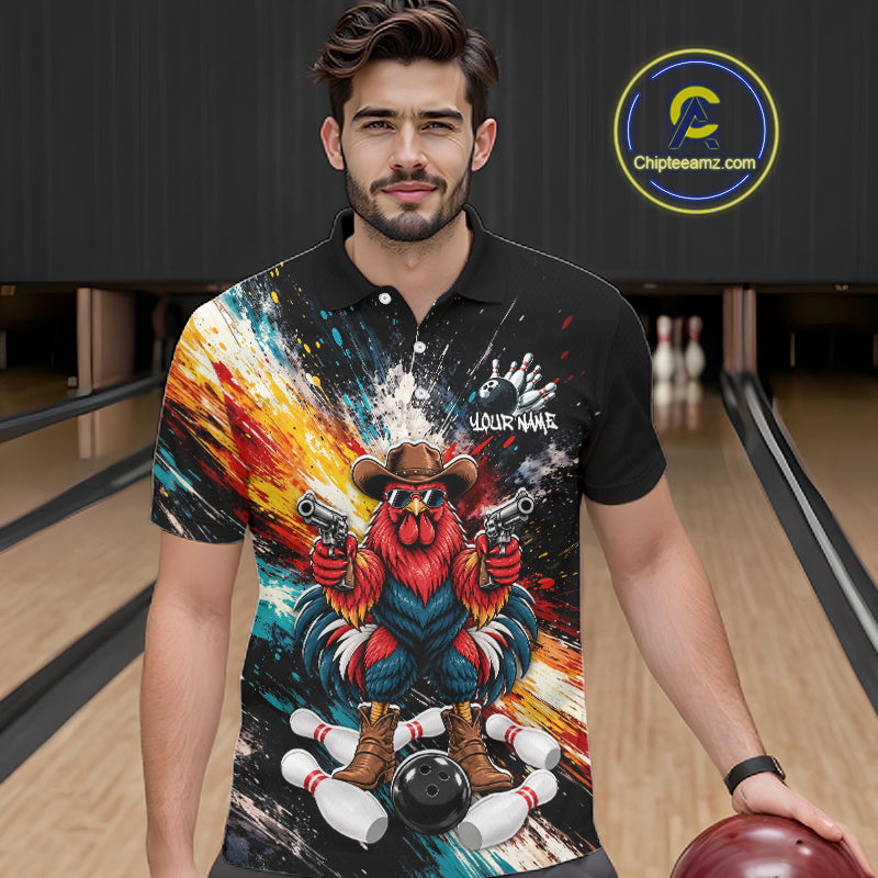 Custom Colorful Funny Cowboy Rooster Gun Bowling Team Shirts for Men Bowling League Shirts HNT630