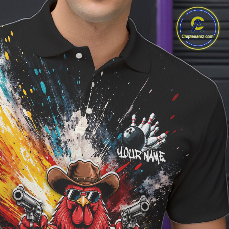 Custom Colorful Funny Cowboy Rooster Gun Bowling Team Shirts for Men Bowling League Shirts HNT630