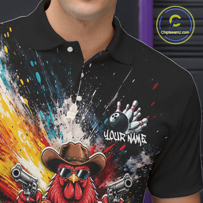 Custom Colorful Funny Cowboy Rooster Gun Bowling Team Shirts for Men Bowling League Shirts HNT630