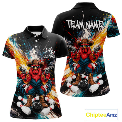 Custom Colorful Funny Cowboy Rooster Gun Bowling Team Shirts for Women Bowling League Shirts HNT630