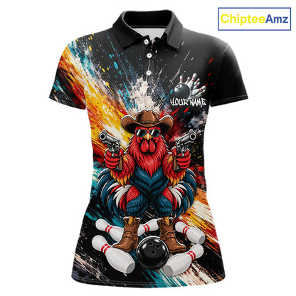 Custom Colorful Funny Cowboy Rooster Gun Bowling Team Shirts for Women Bowling League Shirts HNT630