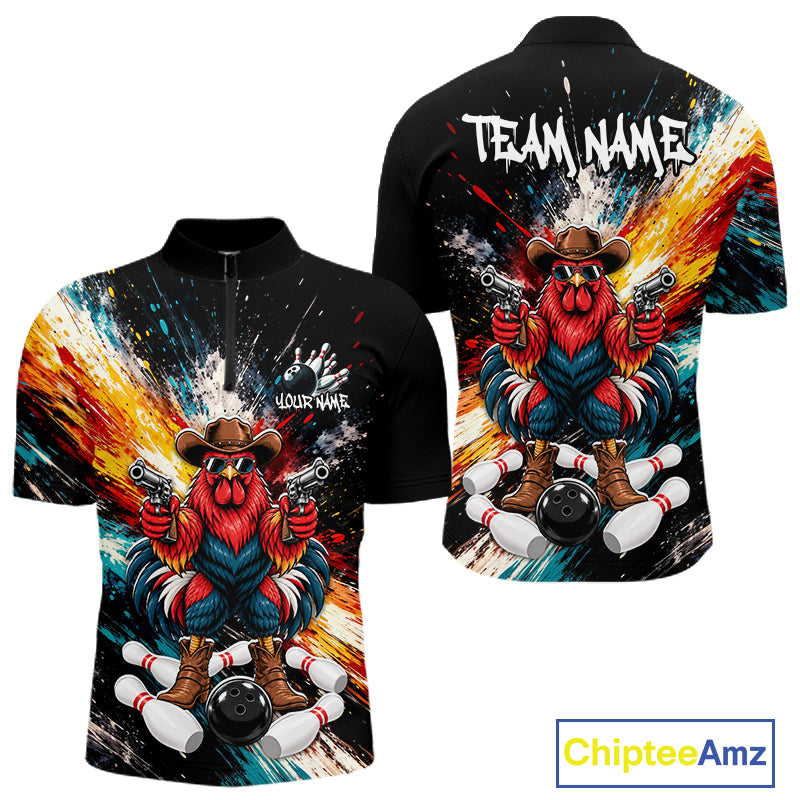Custom Colorful Funny Cowboy Rooster Gun Bowling Team Shirts for Men Bowling League Shirts HNT630
