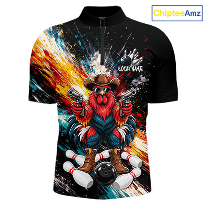 Custom Colorful Funny Cowboy Rooster Gun Bowling Team Shirts for Men Bowling League Shirts HNT630
