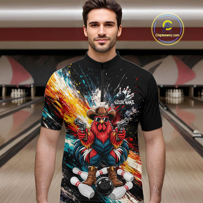 Custom Colorful Funny Cowboy Rooster Gun Bowling Team Shirts for Men Bowling League Shirts HNT630
