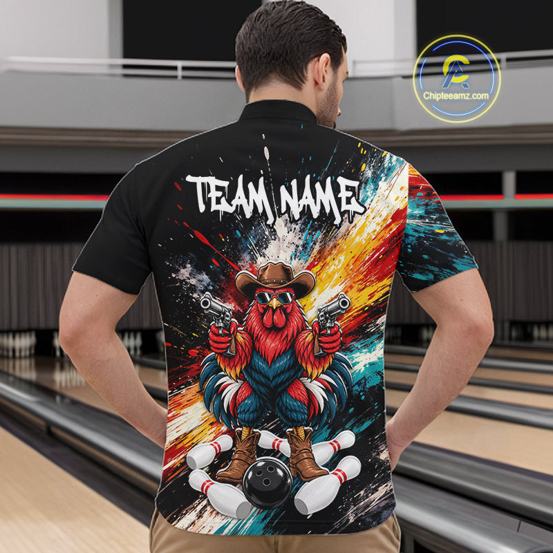 Custom Colorful Funny Cowboy Rooster Gun Bowling Team Shirts for Men Bowling League Shirts HNT630