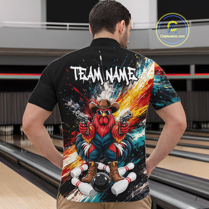 Custom Colorful Funny Cowboy Rooster Gun Bowling Team Shirts for Men Bowling League Shirts HNT630