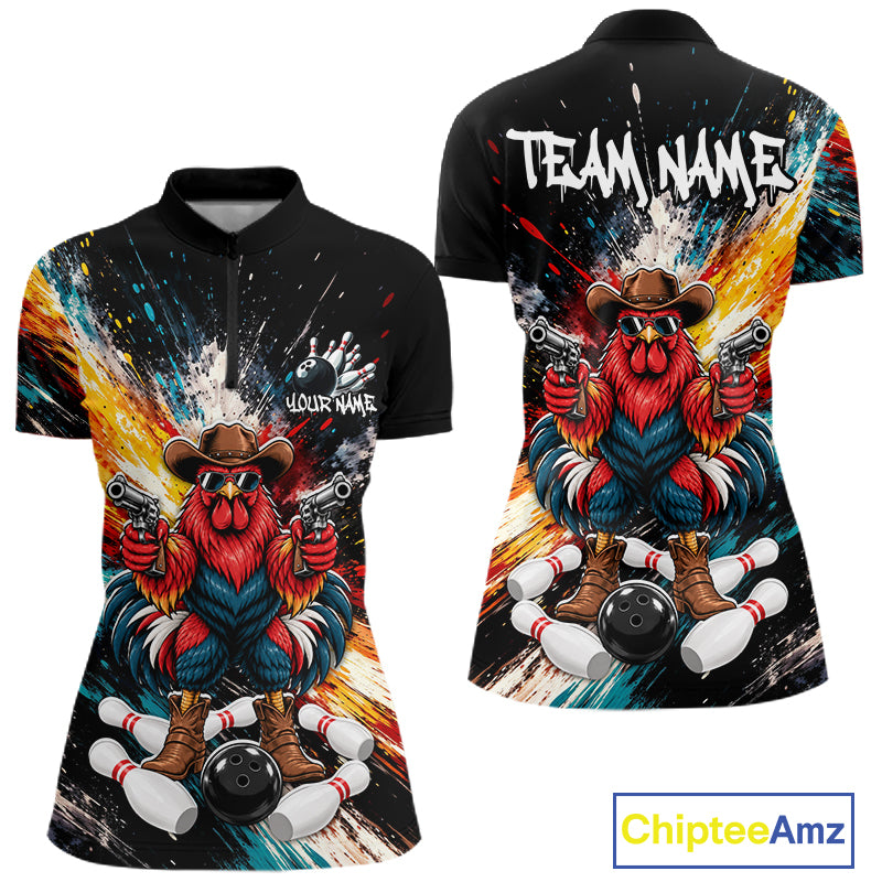 Custom Colorful Funny Cowboy Rooster Gun Bowling Team Shirts for Women Bowling League Shirts HNT630