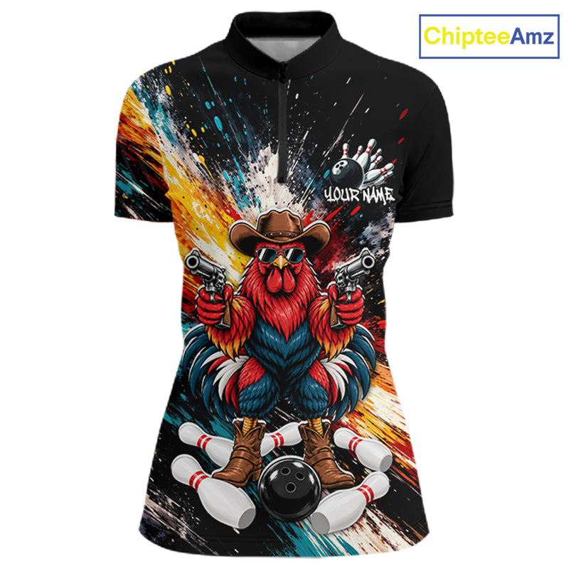 Custom Colorful Funny Cowboy Rooster Gun Bowling Team Shirts for Women Bowling League Shirts HNT630