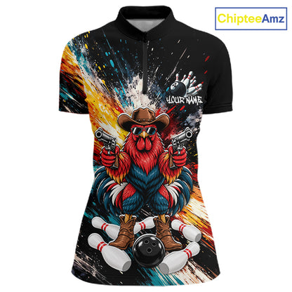 Custom Colorful Funny Cowboy Rooster Gun Bowling Team Shirts for Women Bowling League Shirts HNT630