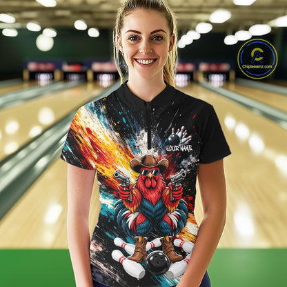 Custom Colorful Funny Cowboy Rooster Gun Bowling Team Shirts for Women Bowling League Shirts HNT630