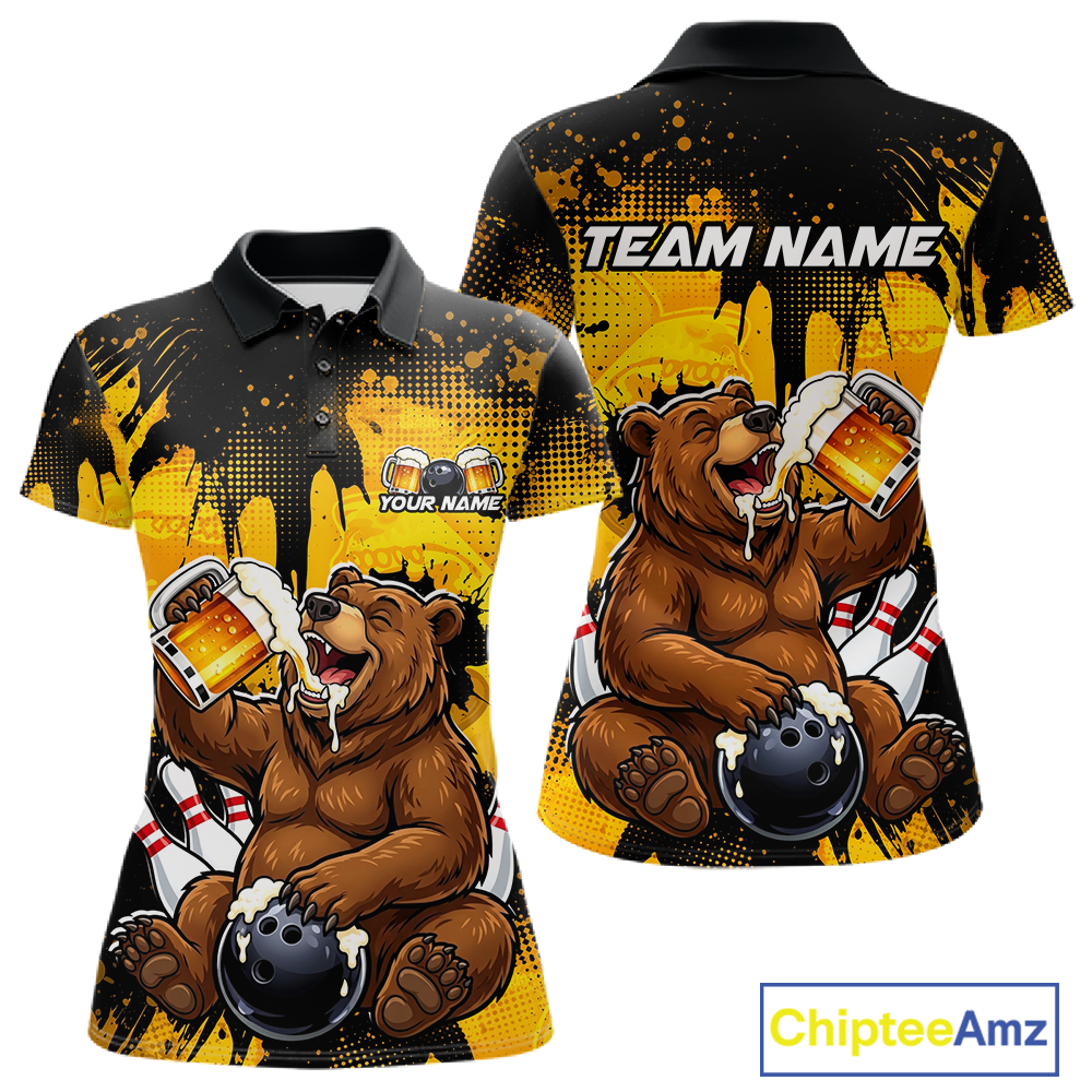 Custom Beer Bear Bowling Jersey for Women Bowling Team Shirts Bowling Polo & 1/4 Zip HNT265