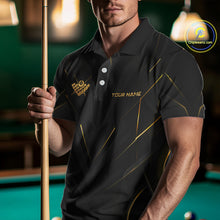 Load image into Gallery viewer, Man holding a pool cue wearing a black polo shirt with gold accents and 'Your Name' text.