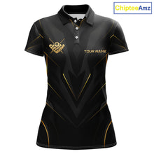 Load image into Gallery viewer, Black polo shirt with gold accents and a logo on a white background, branded 'Chiptee Amz'.