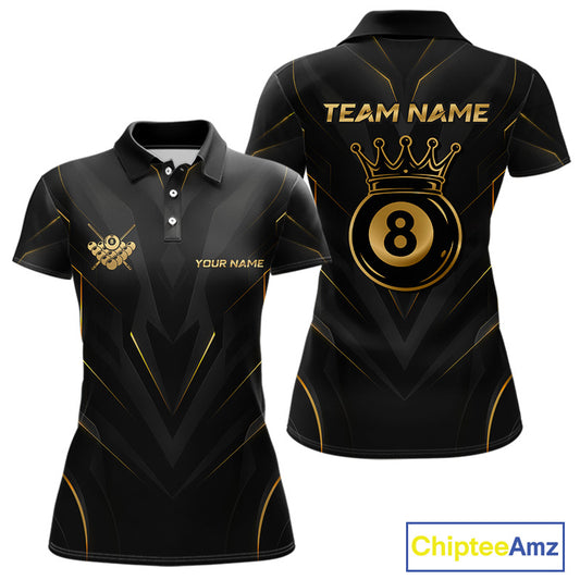 Black and gold polo shirt with 'Team Name' and 'Your Name' text, featuring a crown and number 8 design.