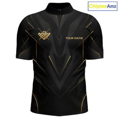 Black and gold sports jersey with a logo and text space on a white background