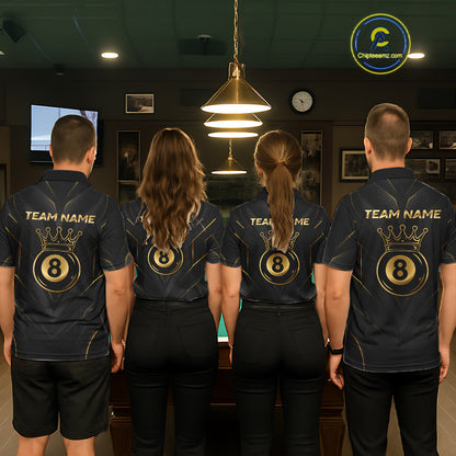 Four people wearing matching black shirts with 'Team Name' and number 8 design in a room.