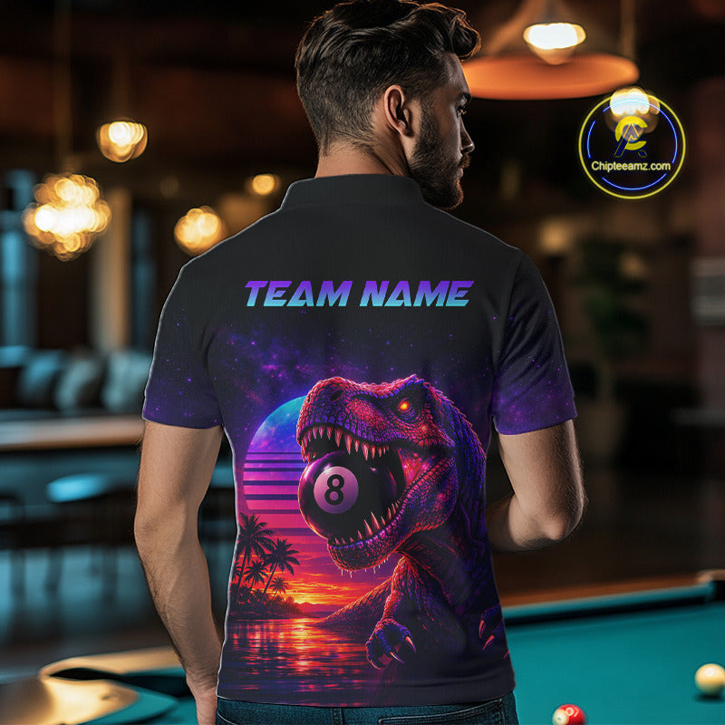 Person wearing a shirt with a dinosaur and pool ball design, standing in a bar.