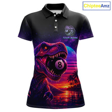 Load image into Gallery viewer, Black polo shirt with a dinosaur holding a pool ball design on a white background, branded 'Chiptee Amz'.