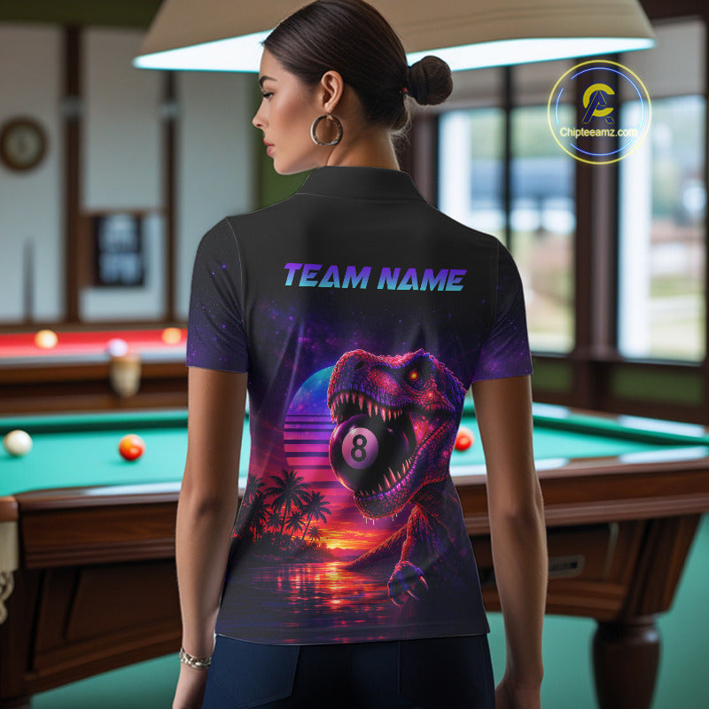 Person wearing a shirt with a dinosaur and number 8 design in a pool hall.