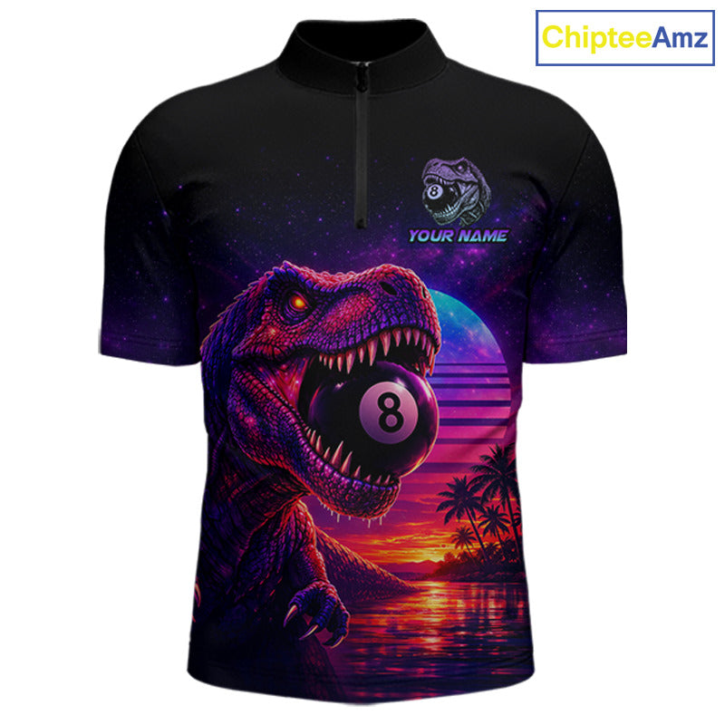 Black polo shirt with a dinosaur holding a pool ball design on a white background, featuring the brand 'Chiptee Amz'.
