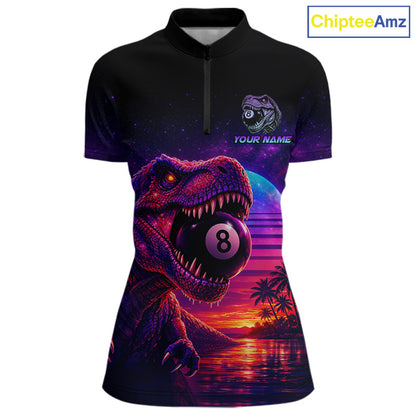 Black polo shirt with dinosaur and pool ball design on a white background, branded 'Chiptee Amz'.