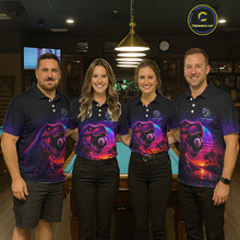 Load image into Gallery viewer, Four people wearing matching polo shirts with a dinosaur design in a bar setting.