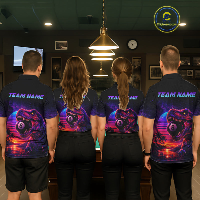 Four people wearing matching shirts with a dinosaur and number 8 design in a room.