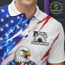 Load image into Gallery viewer, Polo shirt with American flag design, eagle, and personalized text on a blurred background.