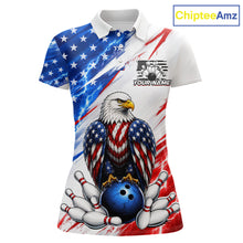 Load image into Gallery viewer, Polo shirt with American flag design and eagle holding a bowling ball, featuring ChipteeAmz branding.